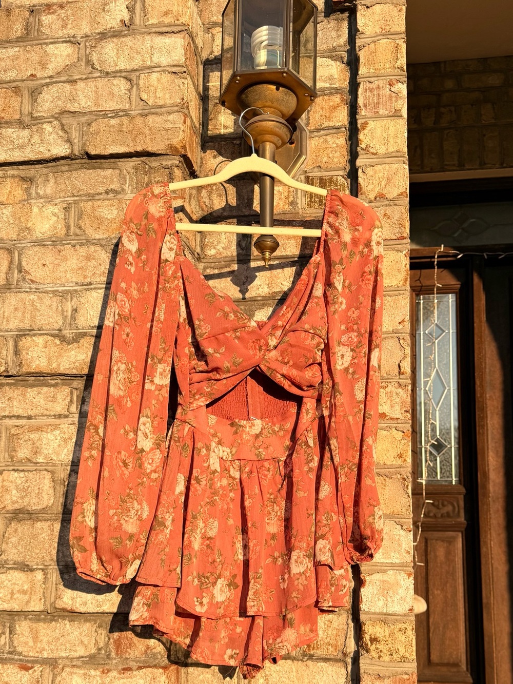 Floral Rust Long-Sleeve Tiered Mini Dress